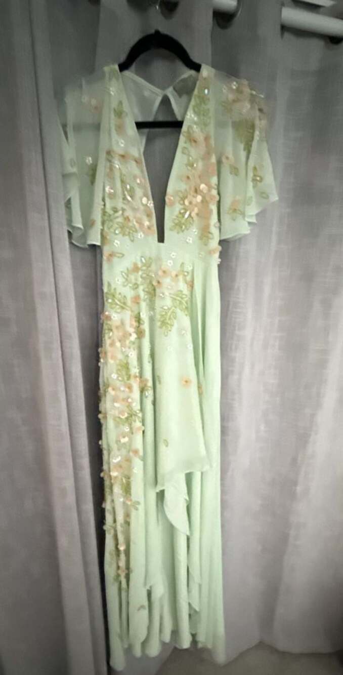 Sage Green Floral Embroidered Flutter Sleeve Maxi Dress with Applique
